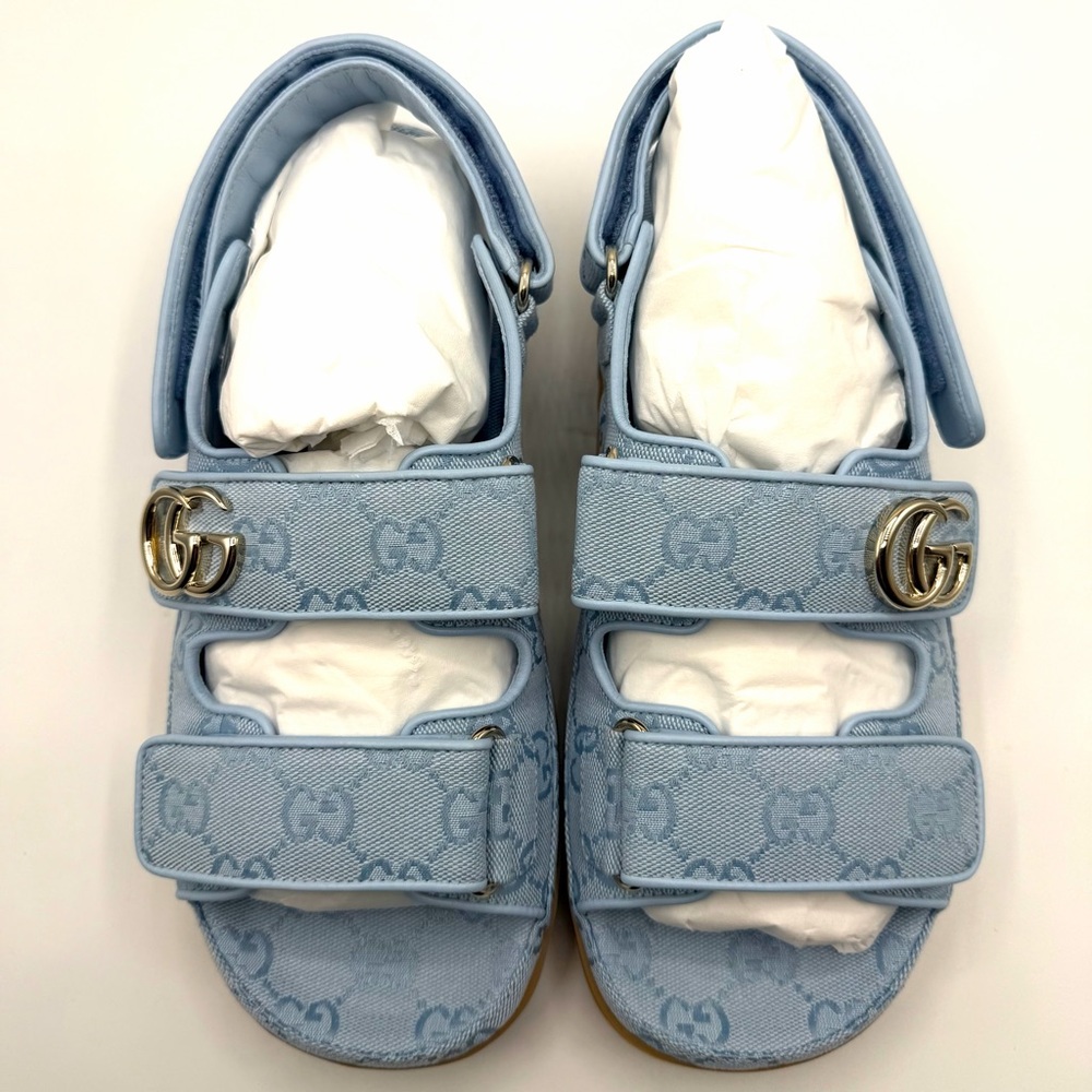 NEW NIB Gucci GG Marmont Logo Blue Canvas Monogram Platform Dad Strap Sandals - Picture 2 of 13